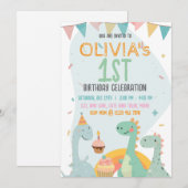 Baby Dinosaur 1st Birthday Party Cute Pastel 招待状 (正面/裏面)