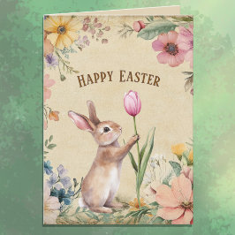 Baby Easter Bunny with Pink Tulip Vintage Floral  カード