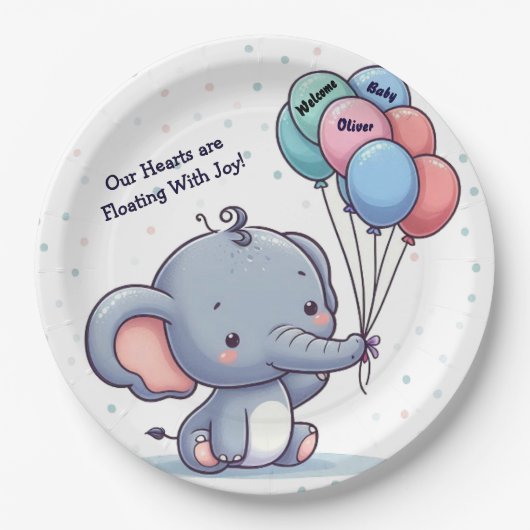 Baby Elephant Balloon Baby Shower Paper Plates  ペーパープレート (正面)