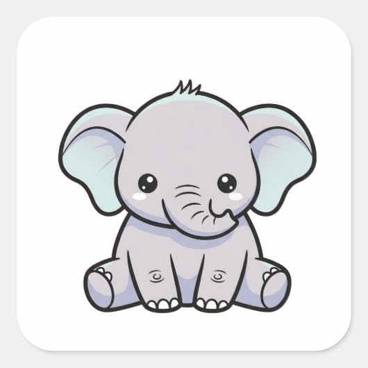 Baby Elephant – Cute Kawaii Illustration スクエアシール (正面)