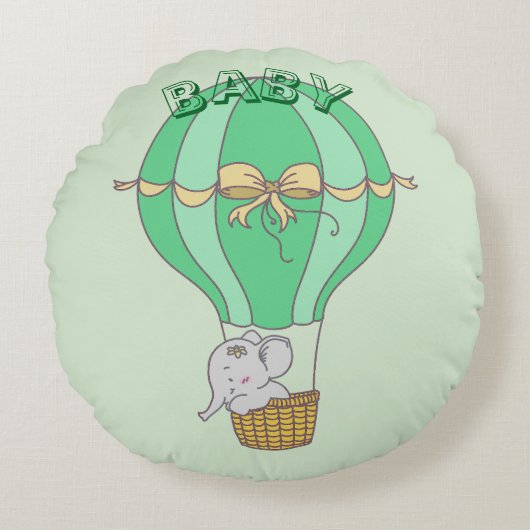 Baby Elephant Flying in Balloon Gender Neutral  ラウンドクッション (正面)