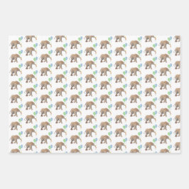 Baby Elephant green & blue balloon Set x3.  ラッピングペーパーシート