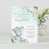 Baby elephant & green flowers girl baby shower. 招待状 (スタンド正面)