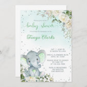 Baby elephant & green flowers girl baby shower. 招待状 (正面/裏面)