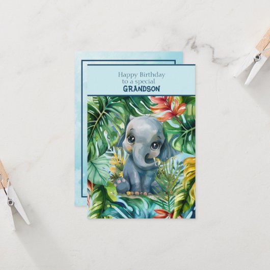 Baby Elephant Happy Birthday Special Grandson カード (正面/裏面インサイチュ)