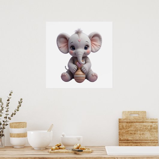 Baby Elephant Holding Toy – Cute Nursery ポスター (キッチン)