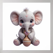 Baby Elephant Holding Toy – Cute Nursery ポスター (正面)