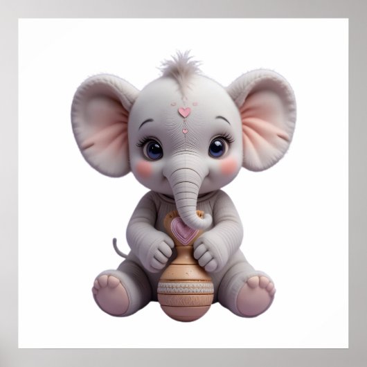 Baby Elephant Holding Toy – Cute Nursery ポスター (正面)