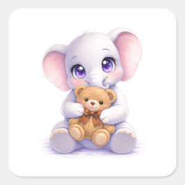 Baby Elephant Hugging Teddy Bear Square Sticker スクエアシール