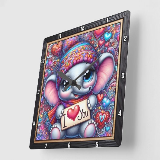 Baby Elephant I Love You スクエア壁時計 (傾斜)