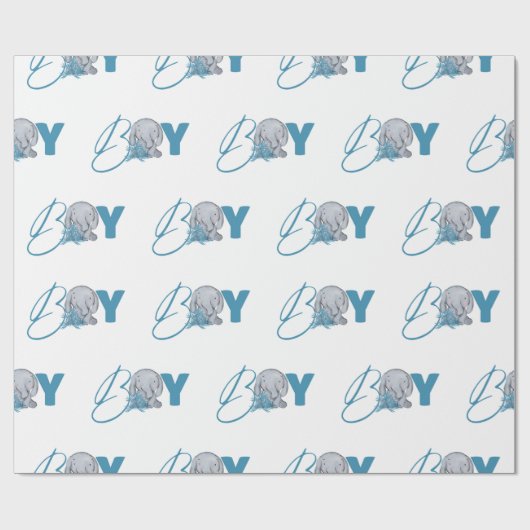 Baby Elephant Jungle Animal Blue Script Nursery ラッピングペーパー (フラット)