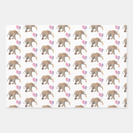Baby Elephant pink & violet balloon Set x3 ラッピングペーパーシート