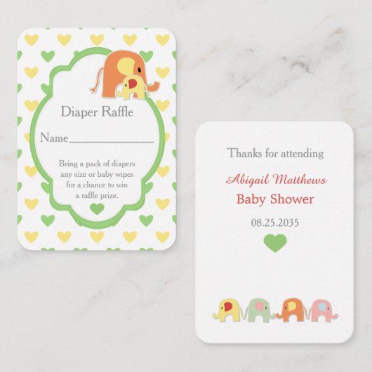  Baby Elephant Shower Diaper Raffle エンクロージャーカード (正面/裏面)