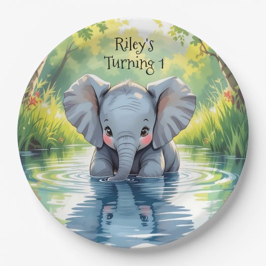 Baby Elephant Themed Birthday Party Personalized ペーパープレート (正面)