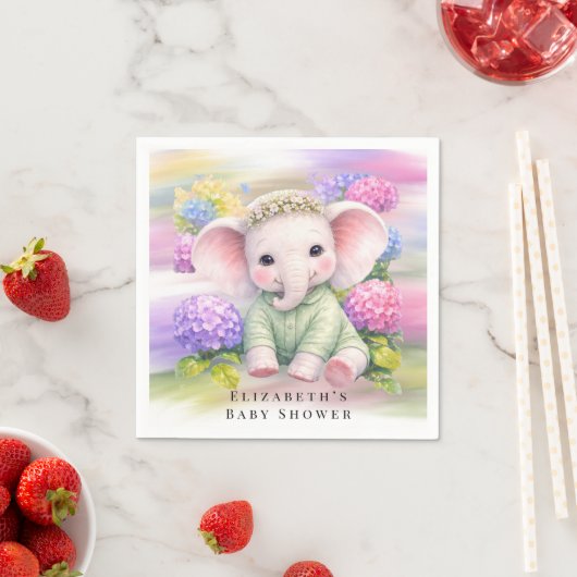 Baby Elephant with Hydrangeas Baby Shower  スタンダードカクテルナプキン (インサイチュ)