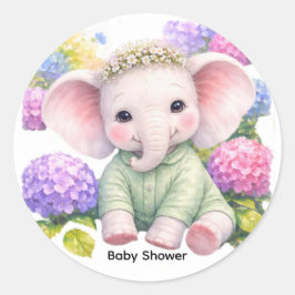 Baby Elephant with Hydrangeas Baby Shower  ラウンドシール
