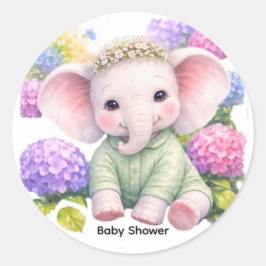 Baby Elephant with Hydrangeas Baby Shower  ラウンドシール (正面)