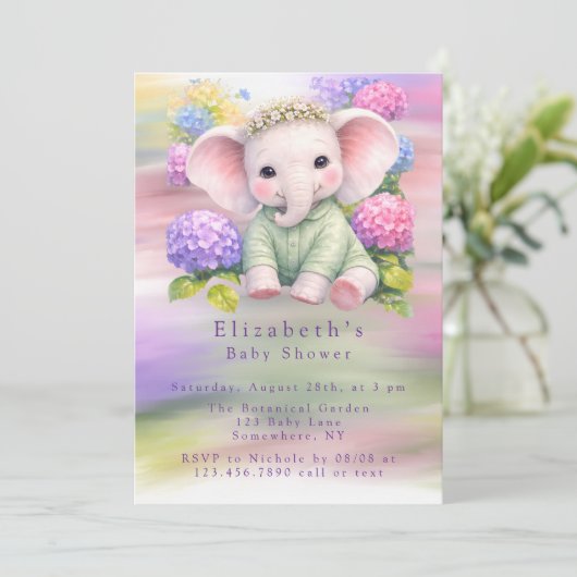 Baby Elephant with Hydrangeas Baby Shower  招待状 (スタンド正面)