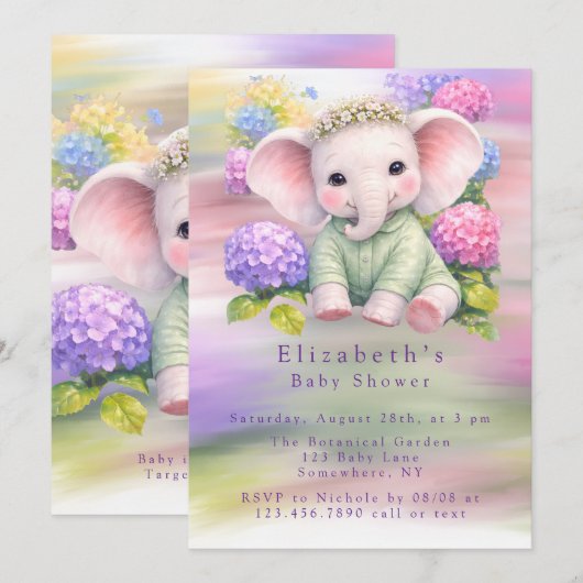 Baby Elephant with Hydrangeas Baby Shower 招待状 (正面/裏面)