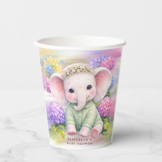 Baby Elephant with Hydrangeas Baby Shower 紙コップ (正面)