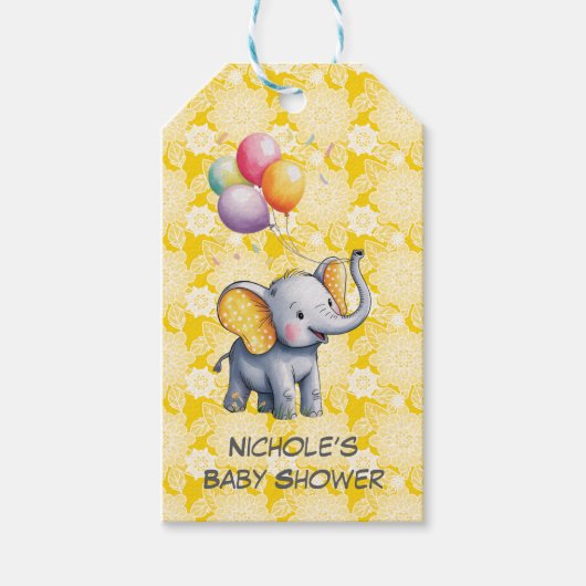 Baby Elephant Yellow Polka Dot Ears Baby Shower ギフトタグ (正面)