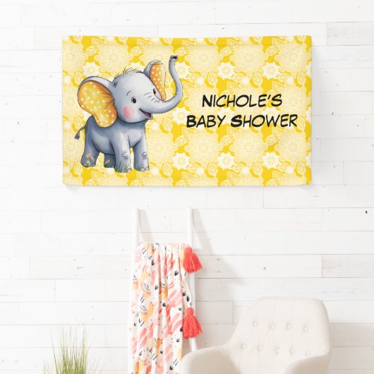 Baby Elephant Yellow Polka Dot Ears Baby Shower 横断幕 (インサイチュ)