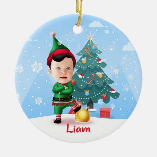 Baby Elf Christmas Ornament, Custom Photo & Name セラミックオーナメント (正面)