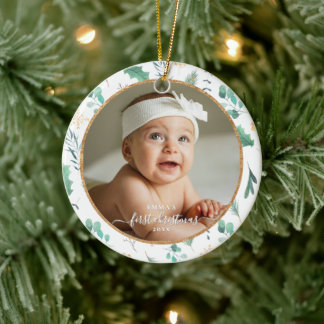 Baby First Christmas Custom Photo Watercolor セラミックオーナメント