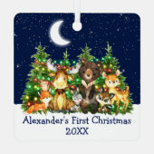 Baby First Christmas Forest Animals Lights Blue メタルオーナメント (裏面)