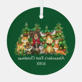 Baby First Christmas Forest Animals Lights Red Bow ガラスオーナメント (裏面)