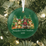 Baby First Christmas Forest Animals Lights Red Bow ガラスオーナメント<br><div class="desc">Baby's First Christmas Watercolor Woodland Animals Forest Animals Glass Ornament. Baby Animals include Bear with a Red Bow,  Deer,  Moose,  Raccoon,  Bunny Rabbit,  Fox and Owl with forest greenery. Add Name. Forest Green Background. Holiday String Lights.</div>