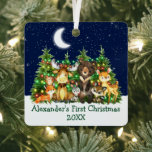 Baby First Christmas Forest Animals Lights Sky メタルオーナメント<br><div class="desc">Baby's First Christmas Watercolor Woodland Animals Forest Animals Pine Trees Moon,  Starry Sky and Snow Metal Ornament. Baby Animals include Bear,  Deer,  Moose,  Raccoon,  Bunny Rabbit,  Fox and Owl with forest greenery. Holiday String Lights. Green Text. Add Name.</div>