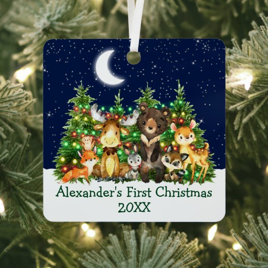 Baby First Christmas Forest Animals Lights Sky メタルオーナメント (インサイチュ)