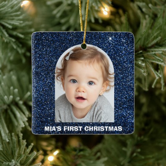 Baby First Christmas Photo Blue Glitter Ornament セラミックオーナメント (ツリー)