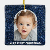 Baby First Christmas Photo Blue Glitter Ornament セラミックオーナメント (正面)