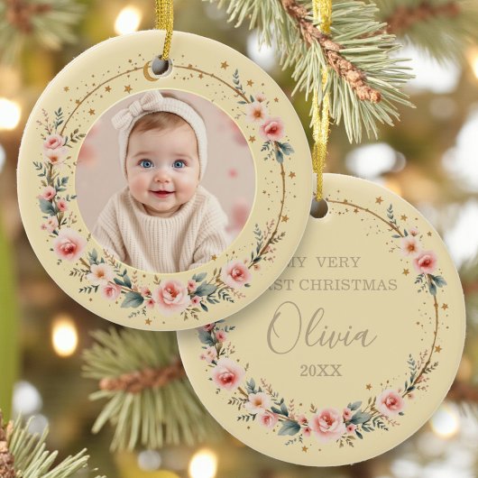 Baby First Christmas Photo Gold Celestial Stars セラミックオーナメント