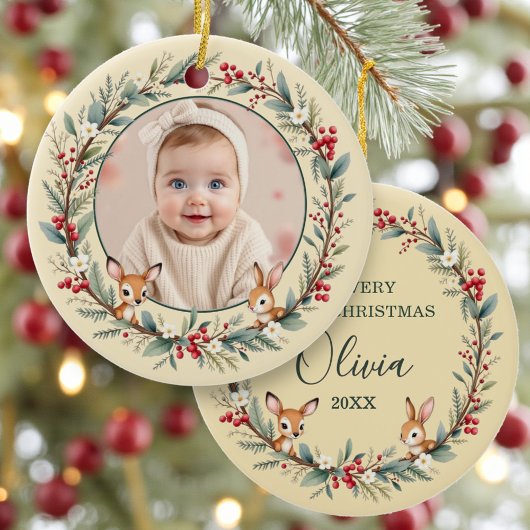 Baby First Christmas Photo Woodland Gold セラミックオーナメント