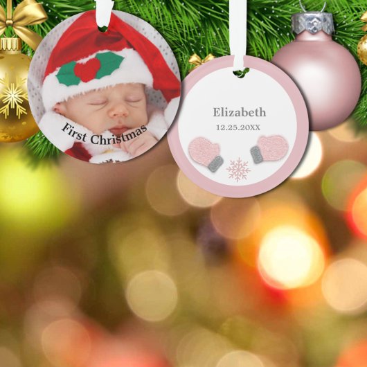 Baby First Christmas Pink Mittens Photo Ornament オーナメント