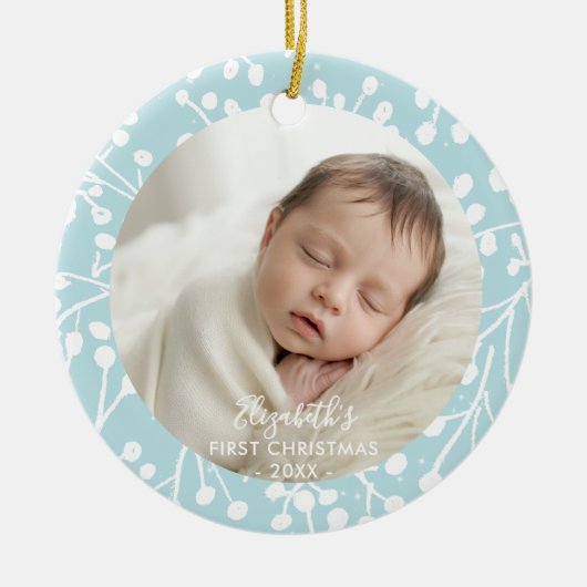 Baby First Christmas Winter Botanical Berries Blue セラミックオーナメント (正面)