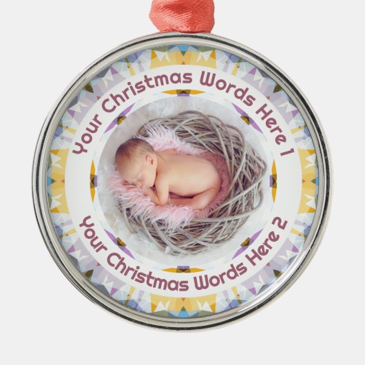 Baby First Christmas Yellow Purple Photo Keepsake メタルオーナメント (正面)