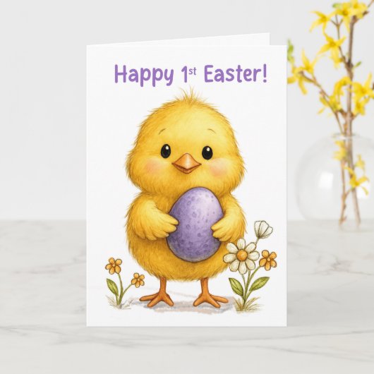 Baby First Easter Cute Chick with Purple Egg カード (黄色い花)