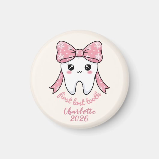 Baby First Tooth Pink Bow Milestone Kawaii Tooth マグネット (正面)