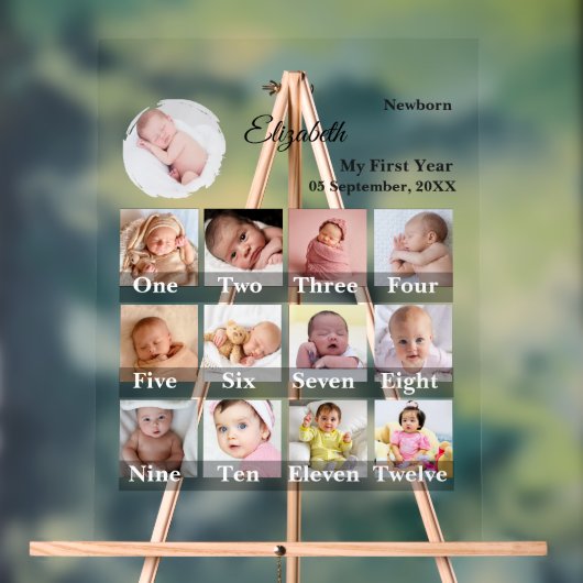 Baby First Year 12 Month Photo Collage Milestone アクリルサイン (ニュートラル)
