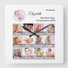 Baby First Year 12 Month Photo Collage  Milestone スクエア壁時計