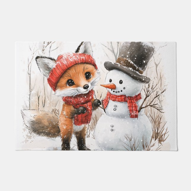 Baby Fox and Snowman ドアマット (正面)