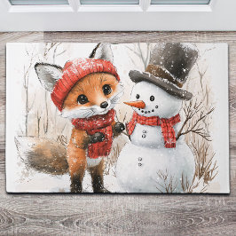Baby Fox and Snowman ドアマット