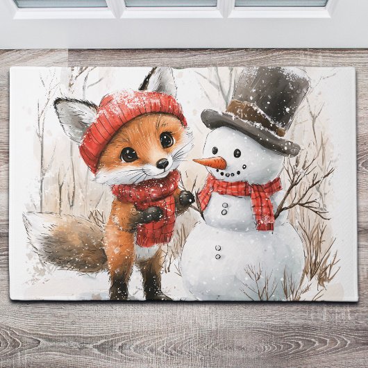 Baby Fox and Snowman ドアマット