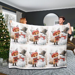 Baby Fox and Snowman フリースブランケット