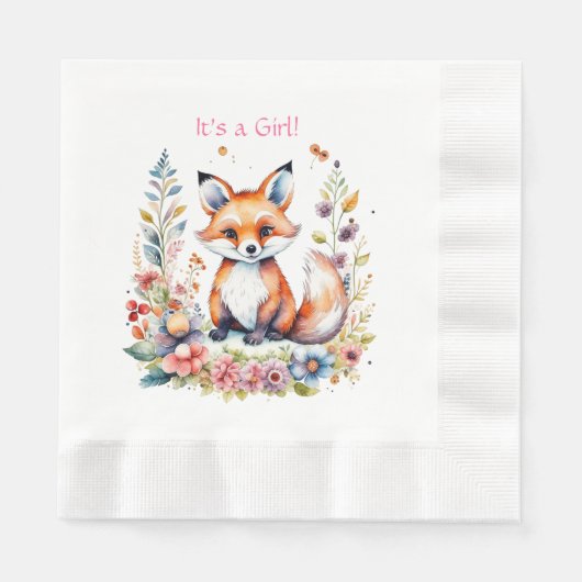 Baby Fox in Flowers | Baby Shower It's a Girl 縁ありランチョンナプキン (正面)