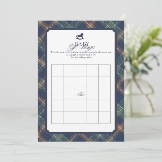 Baby Gift Bingo Game Navy Plaid Preppy Baby Shower アドバイスカード (スタンド正面)
